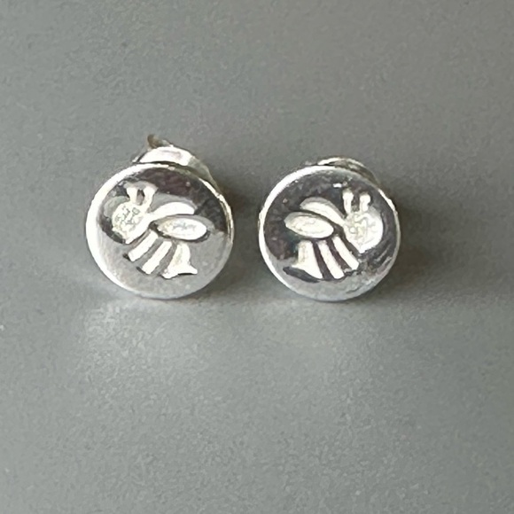 Sterling Silver Round Embossed Bee Earrings - Picture 3 of 8